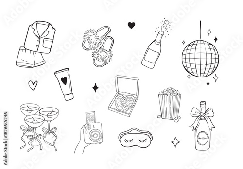 Girls Night Line Art Set – Cozy Party Icons, PJ, Prosecco, Slippers & Snacks