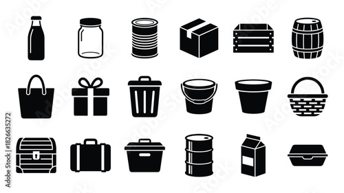 Collection of black and white packaging and storage icons including bottles jars cans boxes and baskets