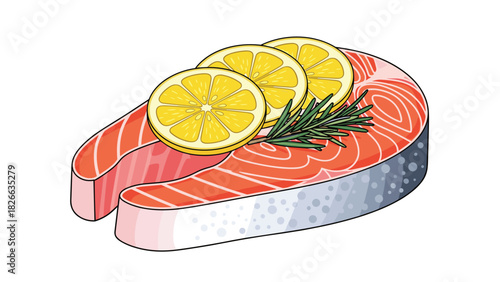 Fresh salmon steak with lemon slices and rosemary sprig, a vibrant and healthy dish ready for a gourmet meal, perfect for diet planning