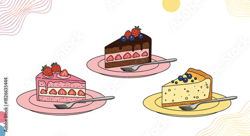 Three delightful slices of cake, including strawberry shortcake, chocolate cake with berries, and blueberry cheesecake, presented on plates with forks.
