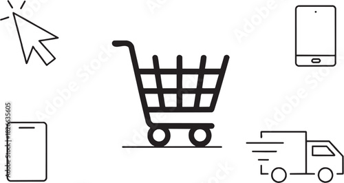 Shopping and retail icon set. Vector glyph pictograms of cart, bag, sale, store, and product silhouettes