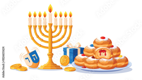 Celebrate Hanukkah with delicious sufganiyot donuts, a spinning dreidel, and a brightly lit menorah on this festival of lights