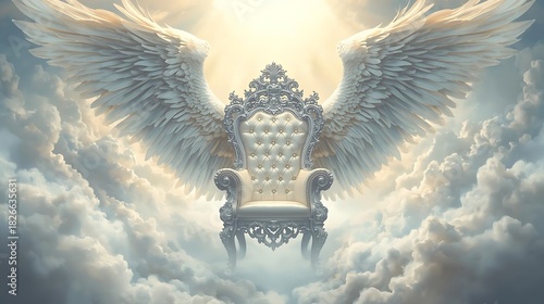 Majestic throne with angelic wings amidst heavenly clouds