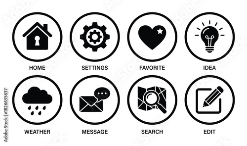 Collection of eight essential app interface icons including home, settings, favorite, idea, weather, message, search, and edit
