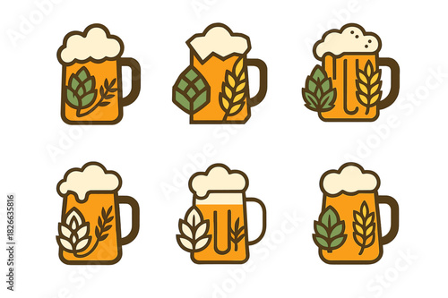 Beer Logo Variations. Beer mug. Icon set. Set Logo of beer mug: hop and barley integration. harmonious logo variations of the same emblematic concept, each