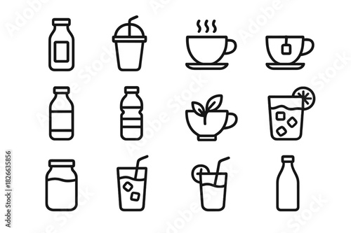Beverage Icons Grid. Beverages. Line icon set of Beverages: juice bottle, smoothie, coffee cup, tea cup, milk bottle, water bottle, herbal tea, lemonade, glass