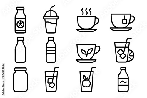 Beverage Icons Grid. Beverages. Line icon set of Beverages: juice bottle, smoothie, coffee cup, tea cup, milk bottle, water bottle, herbal tea, lemonade, glass