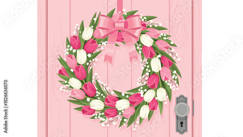 Charming pink tulip wreath with bow adorning a pastel door creates a welcoming, cheerful, and stylish spring ambiance for your design