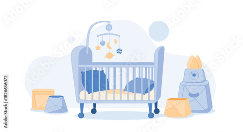 A cozy baby nursery depicted in a soft blue and yellow vector illustration, featuring a crib with a celestial mobile and storage boxes.