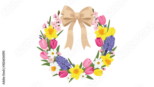 Charming spring floral wreath with daffodils, tulips, hyacinths and a sweet bow for Easter or any joyful celebration