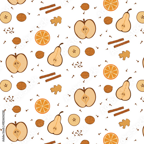 A seamless pattern of spices and dried fruits. Apple slices and pear.