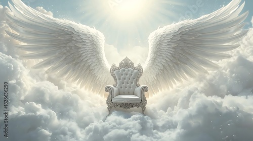 Majestic throne with angelic wings in a heavenly cloudscape