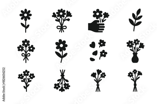 Black Wildflower Icons. Wildflower bouquet. Solid icon set of Wildflower bouquet: daisy stem, mixed blooms, tied ribbon, hand holding flowers, leaf sprig, mini