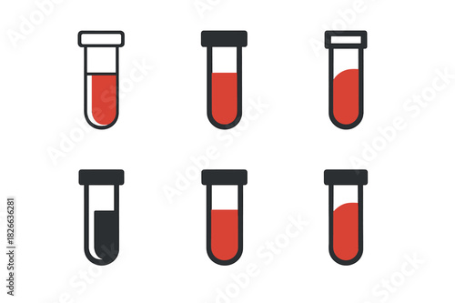 Blood Sample Logos. Blood sample in test tube. Icon set. Set Logo of blood sample: test tube with red liquid. harmonious logo variations of the same emblematic