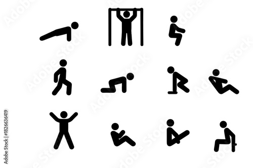 Bodyweight Fitness Icons. Bodyweight Fitness. Solid icon set of Bodyweight Fitness: push-up, pull-up, squat, lunge, burpee, plank, jumping jack, sit-up,
