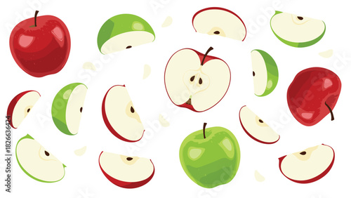 Fresh red and green apple slices with seeds for healthy eating promotions or vibrant fruit market displays in engaging health campaigns