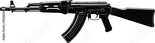 Assault rifle silhouette illustration, black military firearm outline, weapon graphic design, detailed gun shape, tactical equipment icon for reference