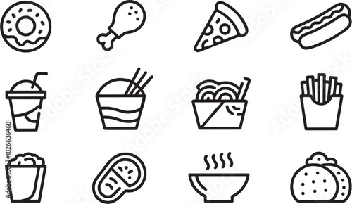 Food and fast meal icon set. Vector glyph pictograms of pizza, burger, fries, snack craving, junk taste, restaurant dining, kitchen cooking, appetite hunger black silhouette