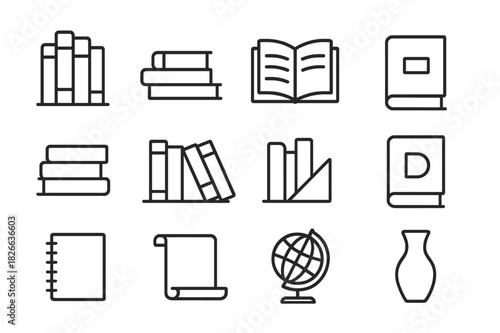 Book and Shelf Icons. Books and shelves. Line icon set of books and shelves: vertical shelf, horizontal shelf, open book, closed book, stacked books, leaning