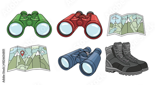 Essential outdoor adventure and hiking gear featuring green, red, and blue binoculars, folded mountain maps, and durable hiking boots.