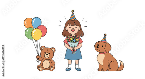 Happy young girl with a party hat holds a bouquet, joined by a teddy bear with balloons and a dog in a party hat, celebrating.