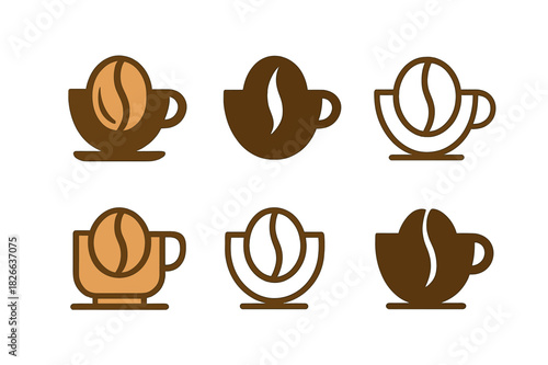 Cafe Logo Variations. Cafe. Icon set. Set Logo of Cafe: coffee beans and cup emblem. harmonious logo variations of the same emblematic concept, each with