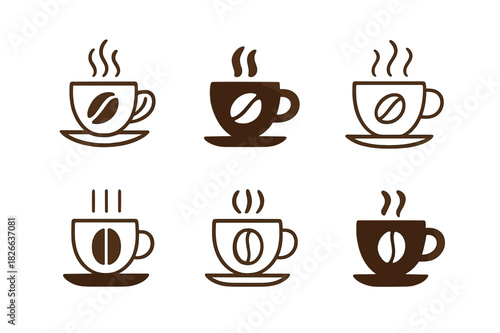 Cafe Logo Variations. Cafe. Icon set. Set Logo of Cafe: coffee beans and cup emblem. harmonious logo variations of the same emblematic concept, each with