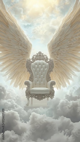 Majestic throne with angelic wings amidst heavenly clouds