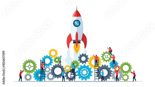 Teamwork fuels innovation as a vibrant rocket soars, symbolizing business growth and collaborative success in a competitive market