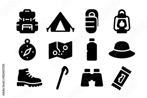 Camping Essentials Icons. Camp adventure kit. Solid icon set of camp adventure kit: backpack, tent, sleeping bag, lantern, compass, map, water bottle, hat,