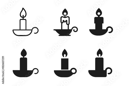 Candle Light Icons. Candle Light. Icon set. Set Logo of Candle Light: candle in holder silhouette. harmonious logo variations of the same emblematic concept,