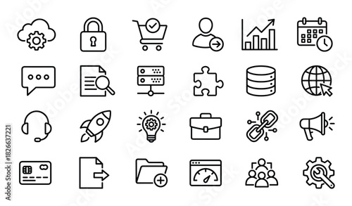 Comprehensive set of business and data technology line icons for modern digital solutions