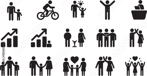 Family and social interaction icon set. Vector glyph pictograms of parents, children, community bonding, love care, household unity, relationship support, friendship group, emotional connection black 