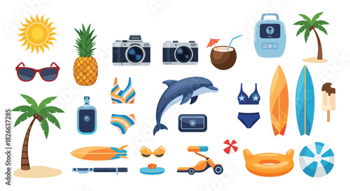 A comprehensive collection of flat design summer and beach vacation icons, perfect for illustrating holiday activities and travel essentials.