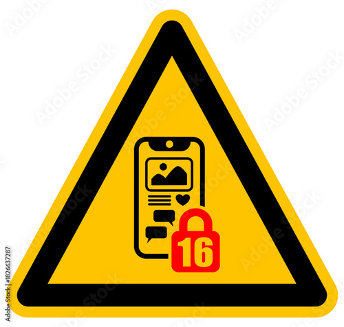 Social Media Restriction Sign, Age 16, Warning Symbol, Mobile Phone Ban, Digital Safety, Vector Icon, svg, png