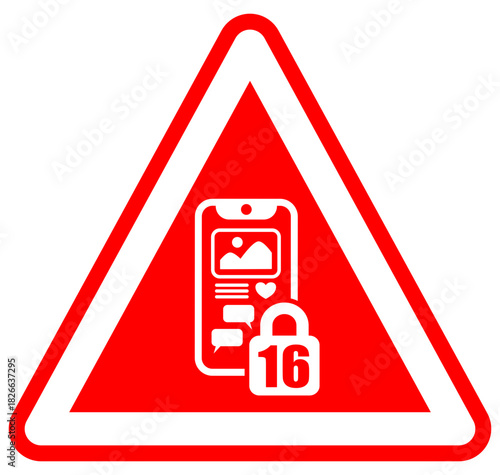 Social Media Restriction Sign, Age 16, Warning Symbol, Mobile Phone Ban, Digital Safety, Vector Icon, svg, png
