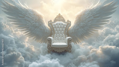 Majestic throne with angelic wings amidst heavenly clouds