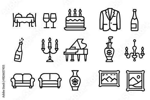 Celebratory Feast Icons. Celebratory Feast. Line icon set of Celebratory Feast: dining table, cake, wine glasses, champagne bottle, candelabra, formal attire,