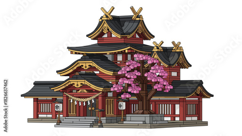 A stunning temple with blossoming cherry trees in this charming Japanese landscape illustration with vibrant colors