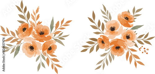 Watercolor floral arrangements with soft peach flowers and leaves
