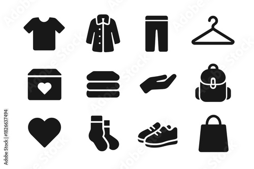 Charity Icons Set. Giving Back. Solid icon set of t-shirt, coat, pants, hanger, donation box, folded clothes, hand giving, backpack, heart, socks, shoes, bag.