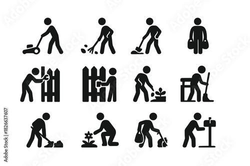 Chore Icon Set. Neighborhood chores. Solid icon set of neighborhood chores: mowing lawn, raking leaves, shoveling snow, carrying groceries, fixing gate,