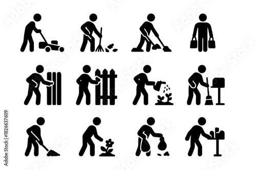 Chore Icon Set. Neighborhood chores. Solid icon set of neighborhood chores: mowing lawn, raking leaves, shoveling snow, carrying groceries, fixing gate,