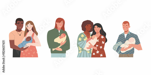 Diverse families holding newborn babies with love and care