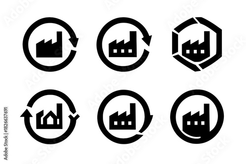 Circular Economy Logos. Circular economy principles in manufacturing. Icon set. Set Logo of circular economy in manufacturing: material reuse loop. harmonious