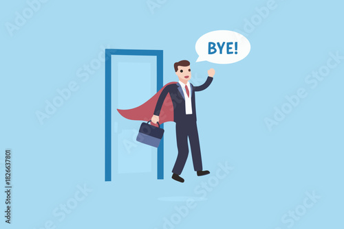Superhero businessman leaving office with cape and briefcase saying goodbye