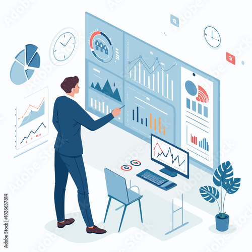Businessman employing artificial intelligence (AI) for data management to business analytics using charts, metrics, and KPIs to improve organisational performance, marketing organisation planning