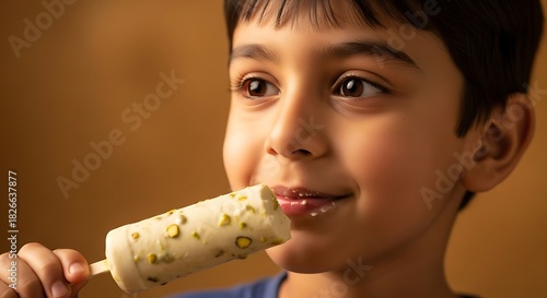 a captivating close up portrait showcases a young boy gleefully enjoying a creamy pistachio covered popsicle on a warm sun kissed afternoon high quality professional detailed