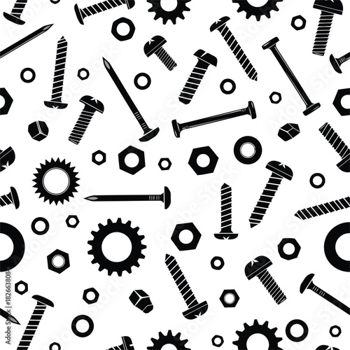 Black and white pattern of screws nuts bolts gears and washers