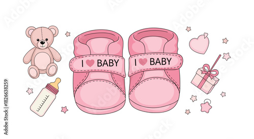Pink baby booties with a teddy bear, bottle, and other baby essentials, illustrating a sweet newborn girl theme.